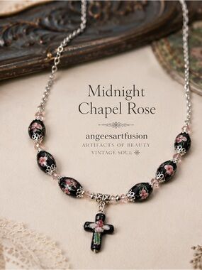 “Midnight Chapel Rose” Floral Glass and Cloisonné Cross Necklace 26”